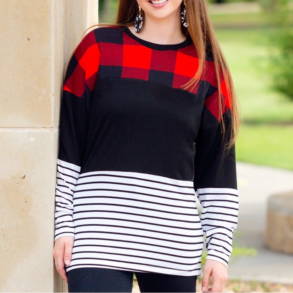 Plaid and Stripes Long Sleeve Top‎ - Red and Black